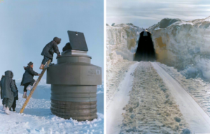 1. US Army Colonel, Walter H. Parsons and visitors entering Camp Century through an escape hatch. + 2. A view of the main trench to the permanent camp at Century Camp, Greenland.