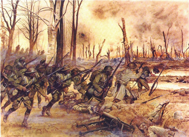 Painting of the Harlem Hellfighters engaged in combat
