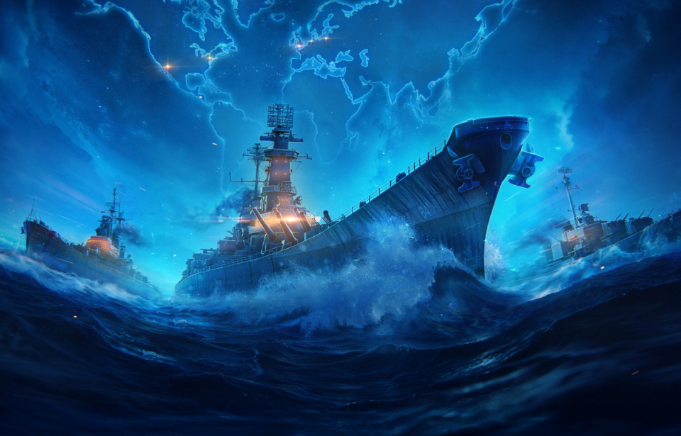 Illustration of three warships in turbulent seas