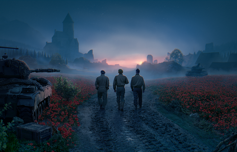 Rendering of three soldiers walking down a dirt road at dusk