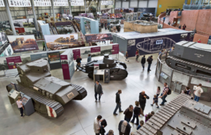 Overhead view of visitors walking around the Tank Museum