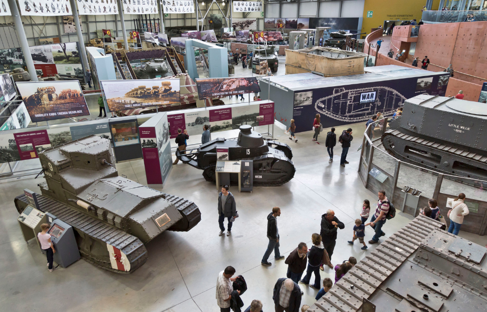 Overhead view of visitors walking around the Tank Museum
