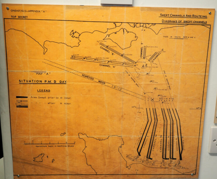 Close-up of a World War II-era map and chart