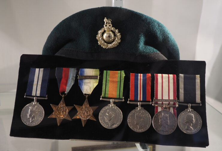 Green beret and wartime medals on display
