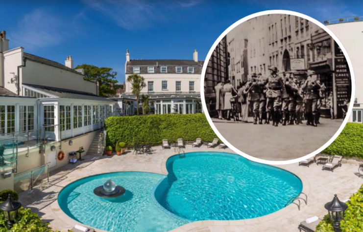 Pool at the exterior of the Old Government House + German soldiers marching down a city street