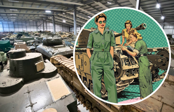 View of tanks in a garage at The Tank Museum + Graphic promoting The Tank Museum's 'Women in Warfare' October half-term program