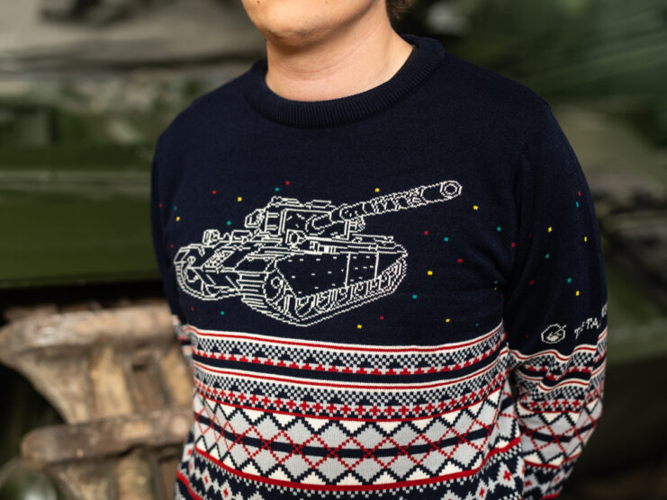 Close-up of someone wearing The Tank Museum's 2025 Christmas jumper