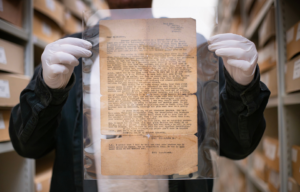 Man holding up the letter written by Lt. D.A. Palmer
