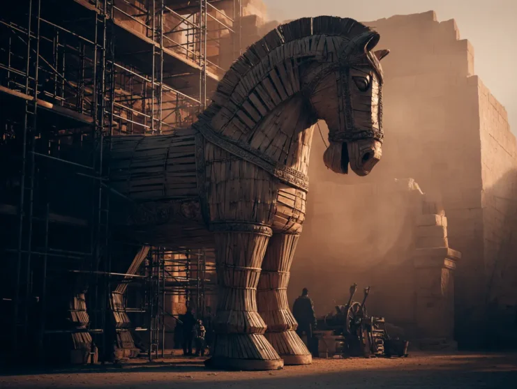 A depiction of the trojan horse being built in ancient Greece.