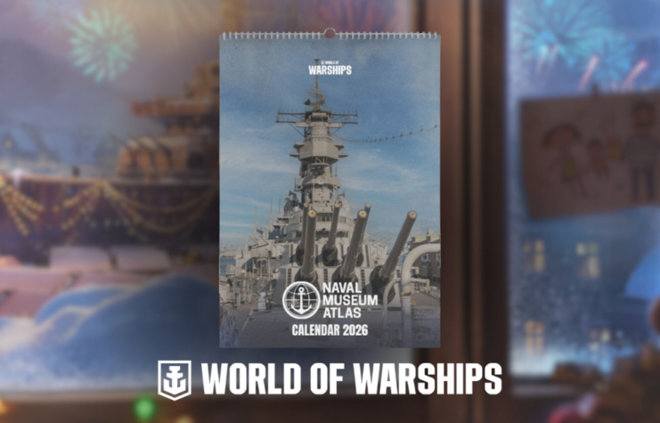 2026 Naval Museum Atlas wall calendar against a slightly-blurred image of a warship at sea. "World of Warships" is written across the bottom of the image