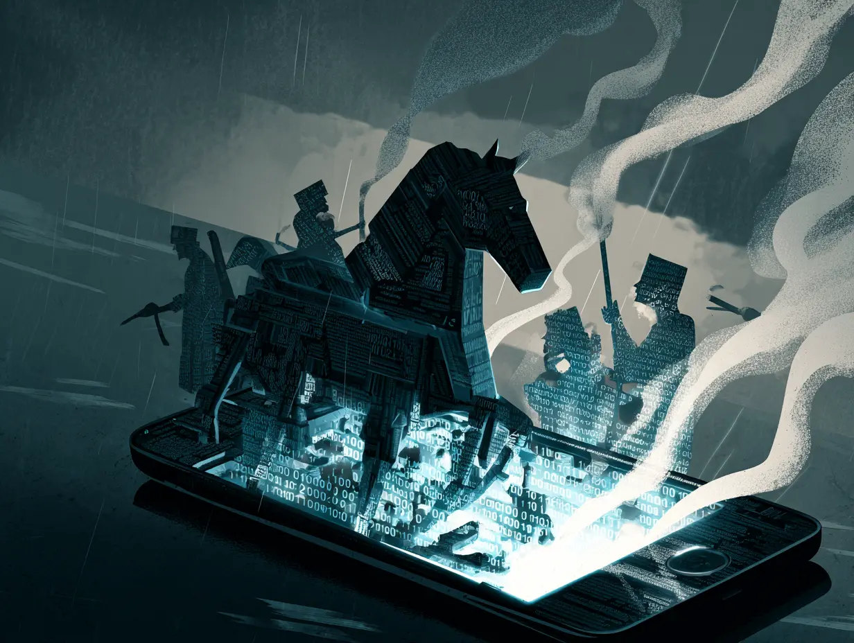 An artistic depiction of a horse and some soldiers around a mist of smoke being projected through a phone. The mist of smoke is made of code. 