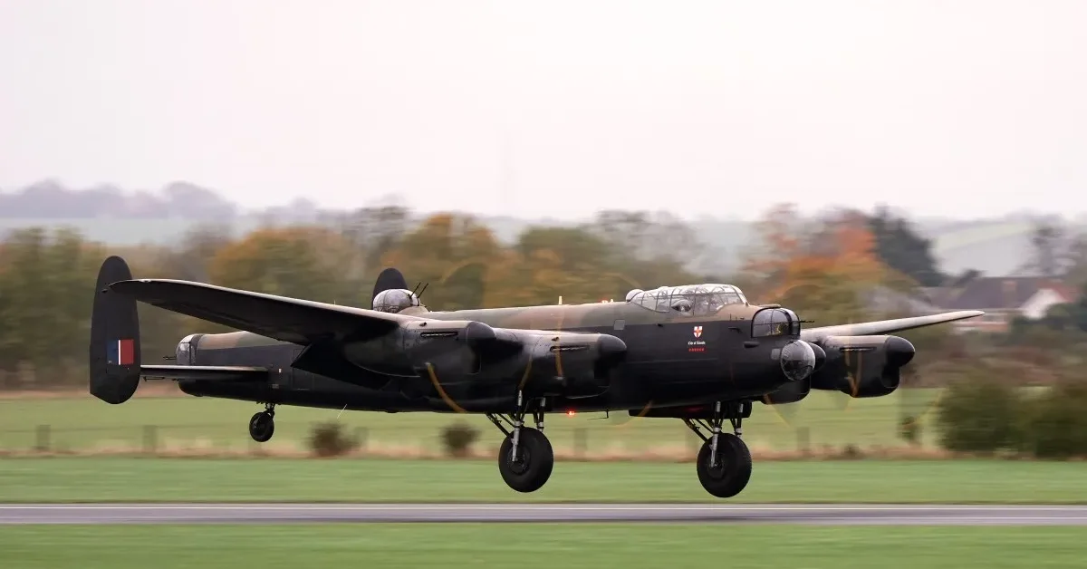 The Battle of Britain Memorial Flight's Avro Lancaster PA474 touches down at IWM Duxford in Cambridgeshire where she will undergo routine maintenance, expected to keep her out of the skies for around 18 months. Avro Lancaster PA474 is the world's oldest and UK's only airworthy Lancaster bomber. Picture date: Wednesday October 29, 2025.