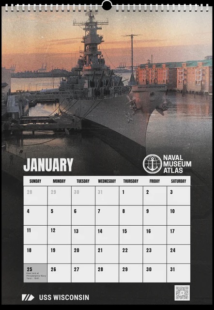View of the page for January in the 2026 Naval Museum Atlas wall calendar