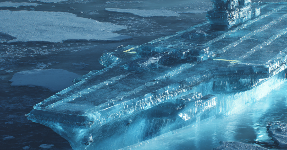 Airplane carrier made of ice floating in the Arctic waters