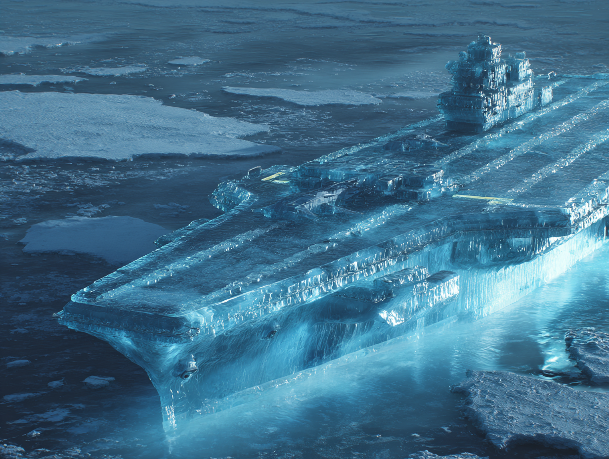 Airplane carrier made of ice floating in the Arctic waters