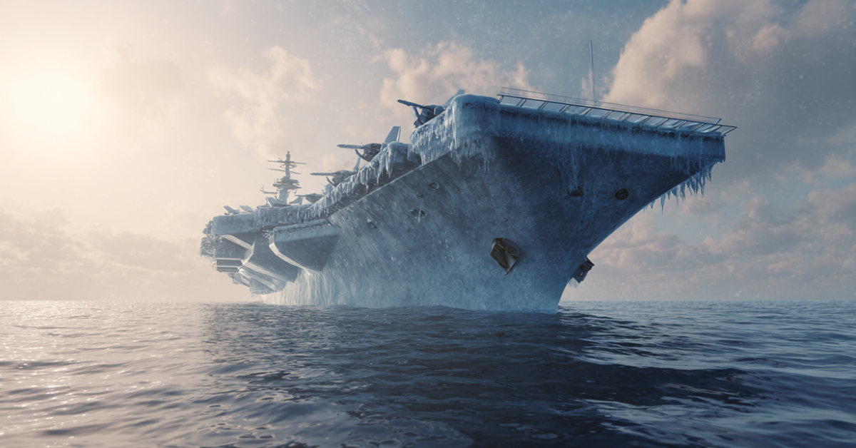 Closeup image of an aircraft carrier made of pykrete in the sea. 