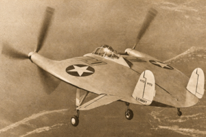 A depiction of the Vought V-173 flying.