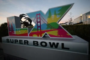 A view of Super Bowl LX signage at Pier 39