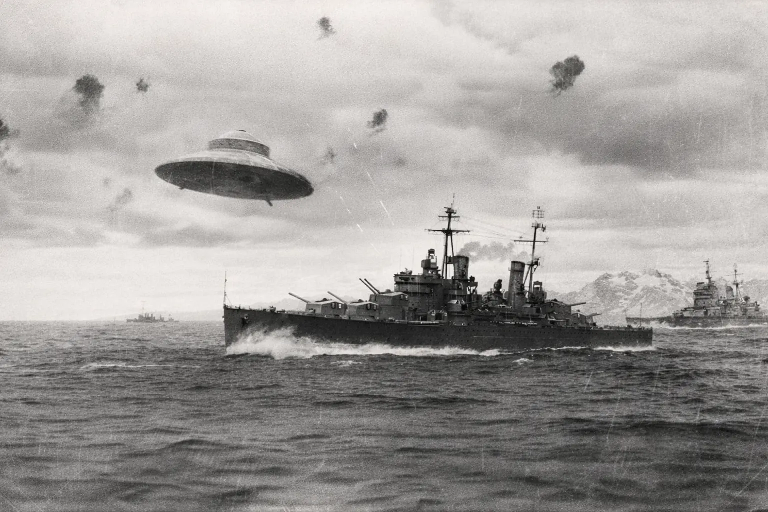 An artistic depiction of the conspiracy theories behind operation High Jump. The image depicts a Battleship battling what is depicted to be a Nazi UFO.