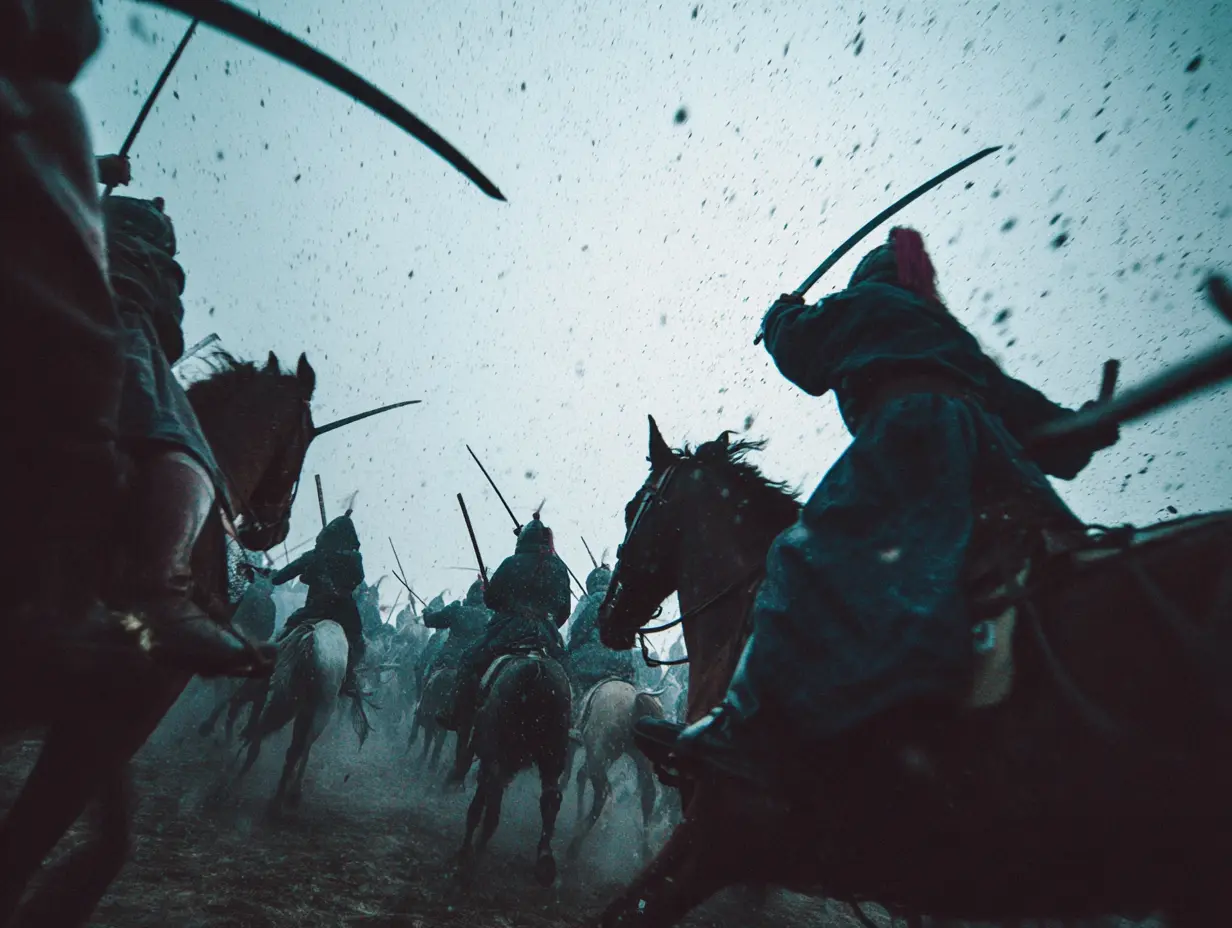 A shot of a medieval Chinese cavalry charge.