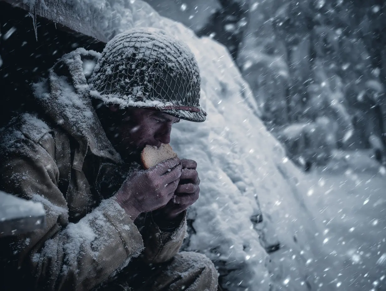 An American WW2 soldier taking cover from the heavy snow and during the Battle of the Bulge and eating bread.