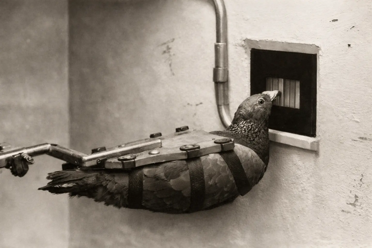 Cognitive test being run on a pigeon during the inception of pigeon guided missiles.