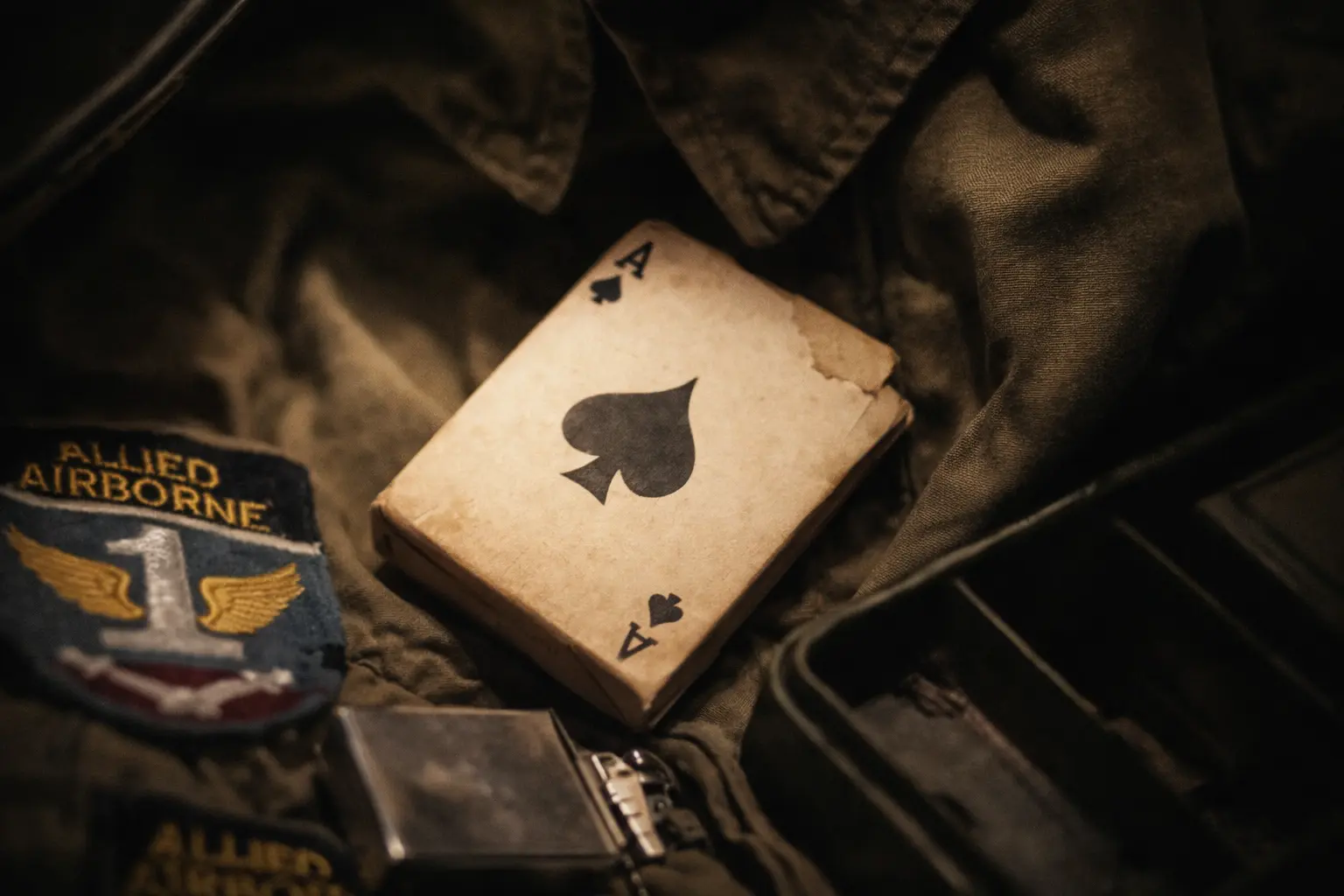 An artistic depiction of an ace of spade's card/deck kept on top of a infantry uniform.