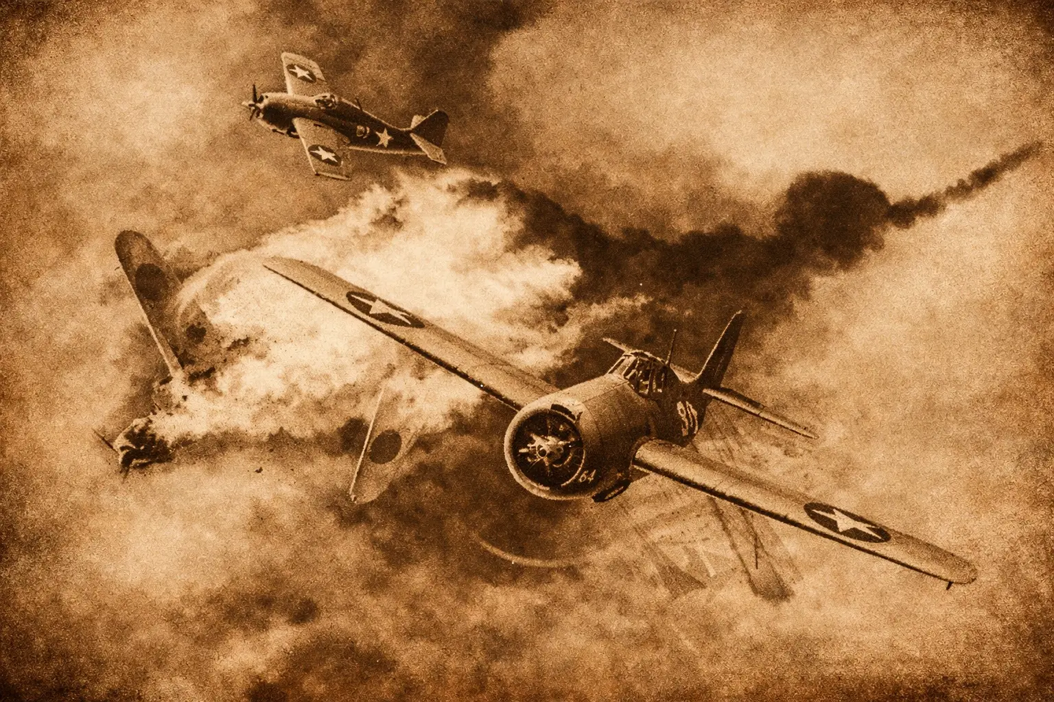 Watercolor depiction of U.S. Marine Captain Joe Foss shooting down a Zero over Guadalcanal in October 1942