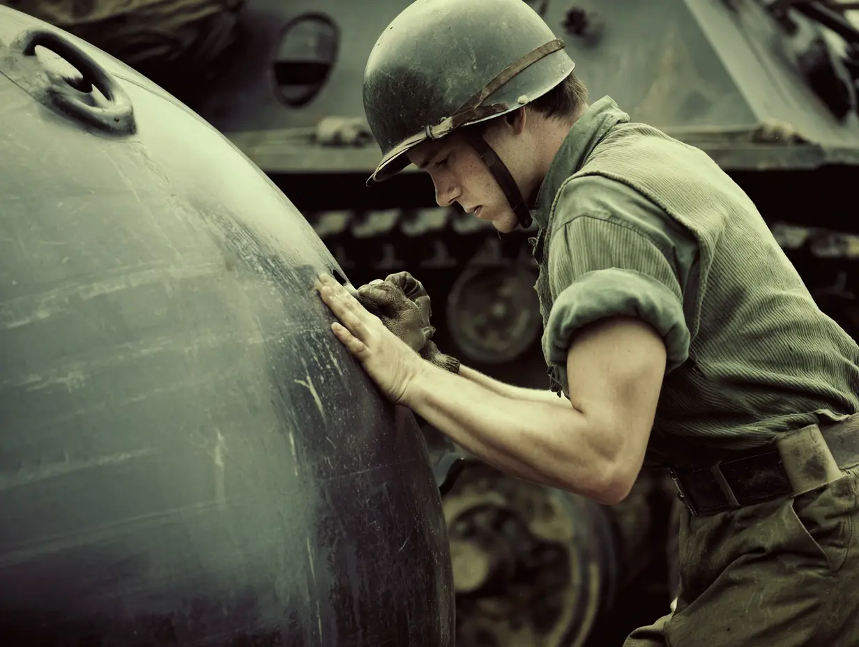 A member of the 23rd Headquarters Special Troops working on a fake tank.