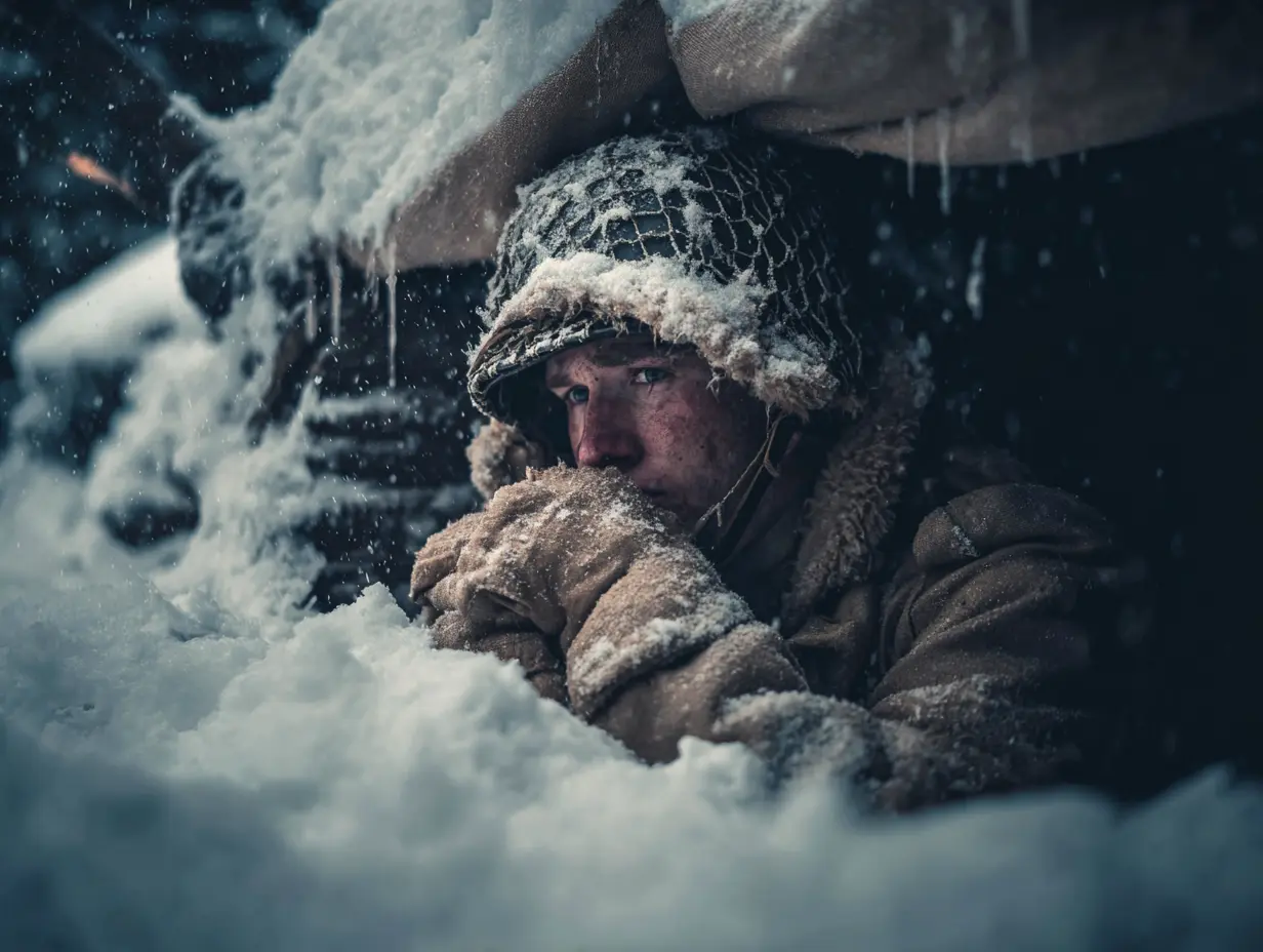 An image of a soldier looking for shelter from heavy snow during the battle of the bulge