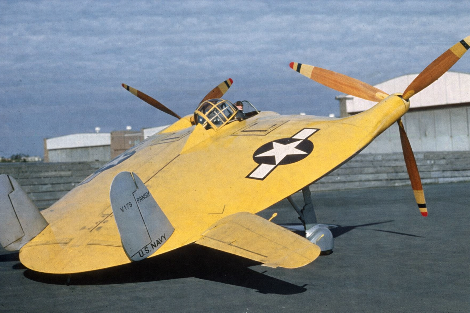 A shot of the Vought V-173 on a run way.