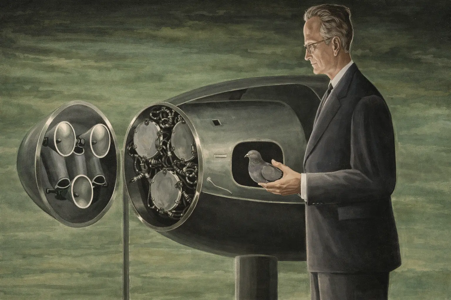 An artistic depiction of Stiller's pigeon guided missile idea.