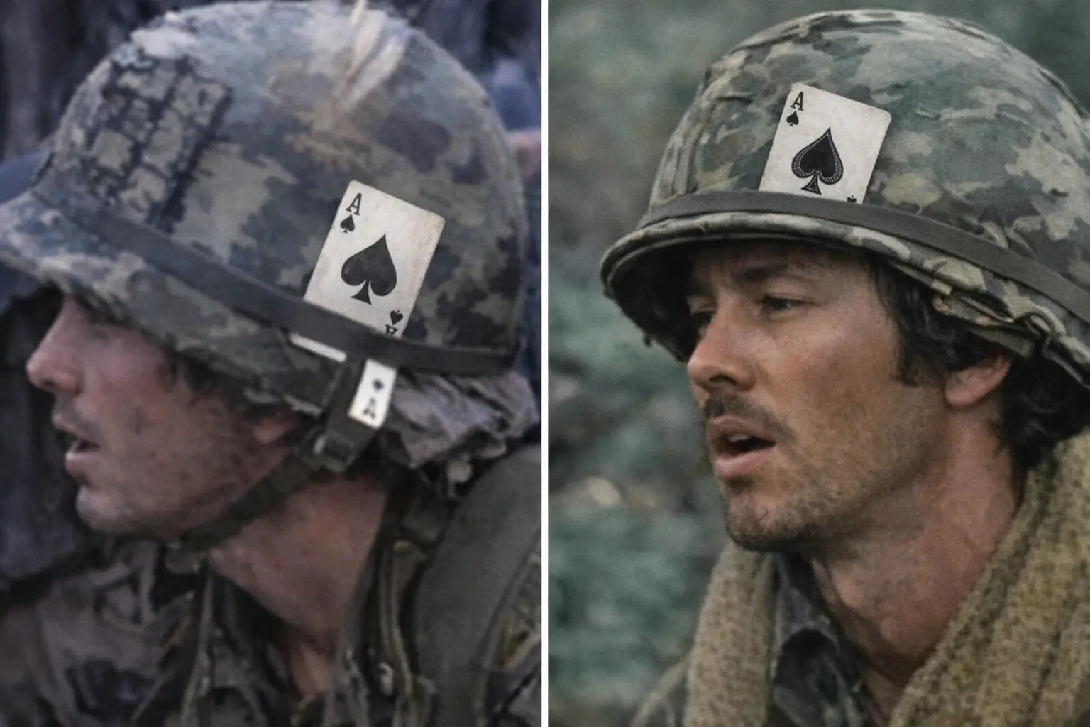 A split image of two American soldiers in the Vietnam war with Ace of Spades cards attached to their M1 helmets.