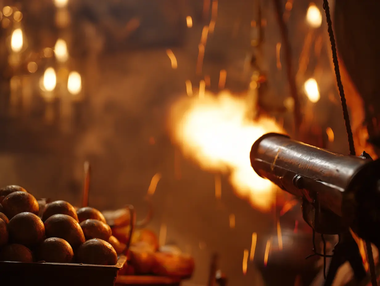 A shot of gunpowder bombs and a fire lance in a blacksmith's workshop in China.