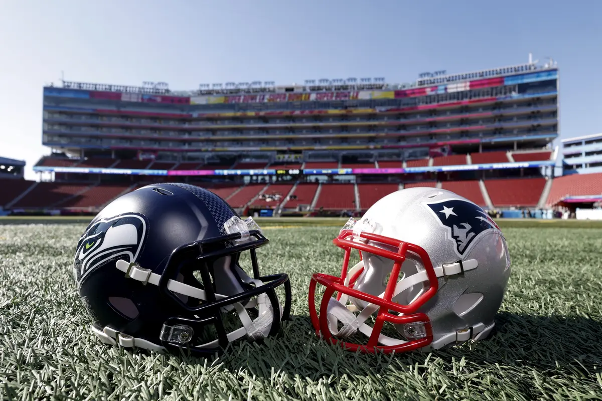 A general view of the Seattle Seahawks helmet and New England Patriots helmet displayed in inside of the Levi's Stadium prior to Super Bowl LX