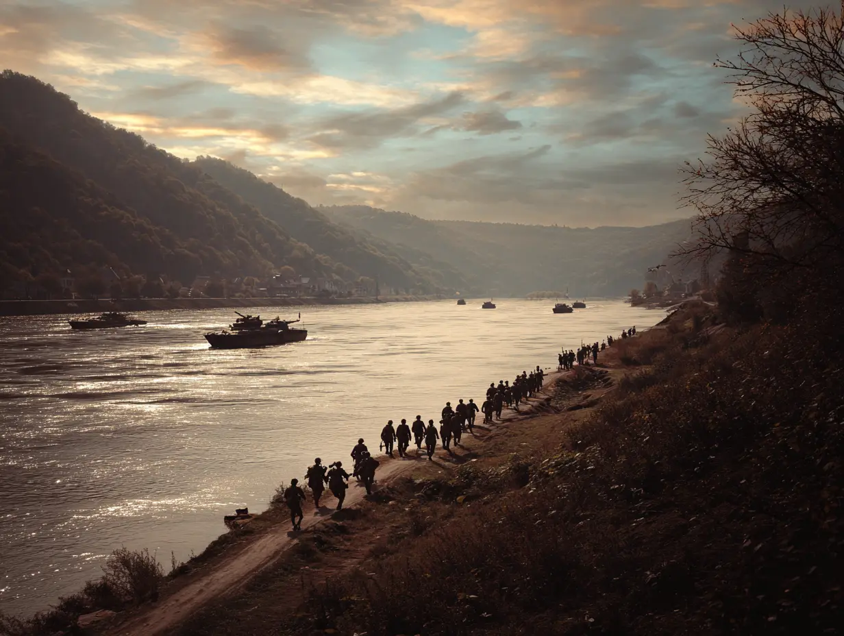 An artistic depiction of the crossing of the Rhine River in March 1945