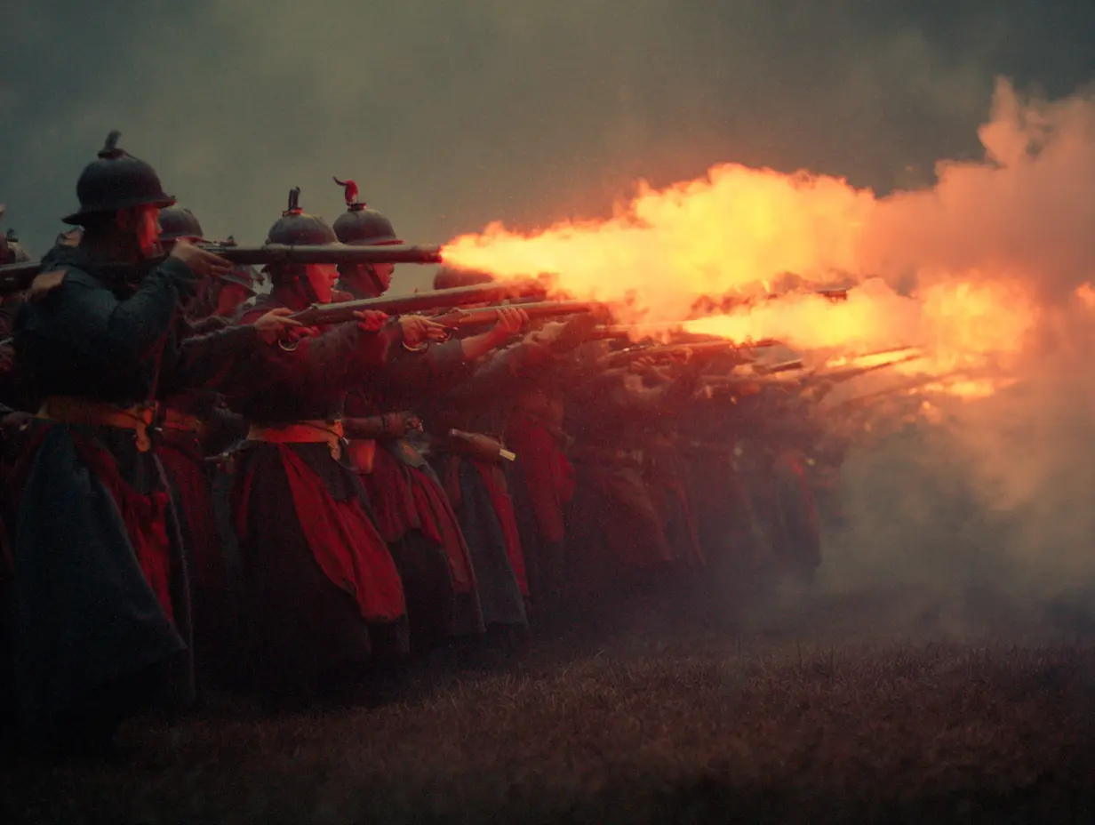 A cinematic shot of a Song Dynasty artillery firing squad shooting rifles. 