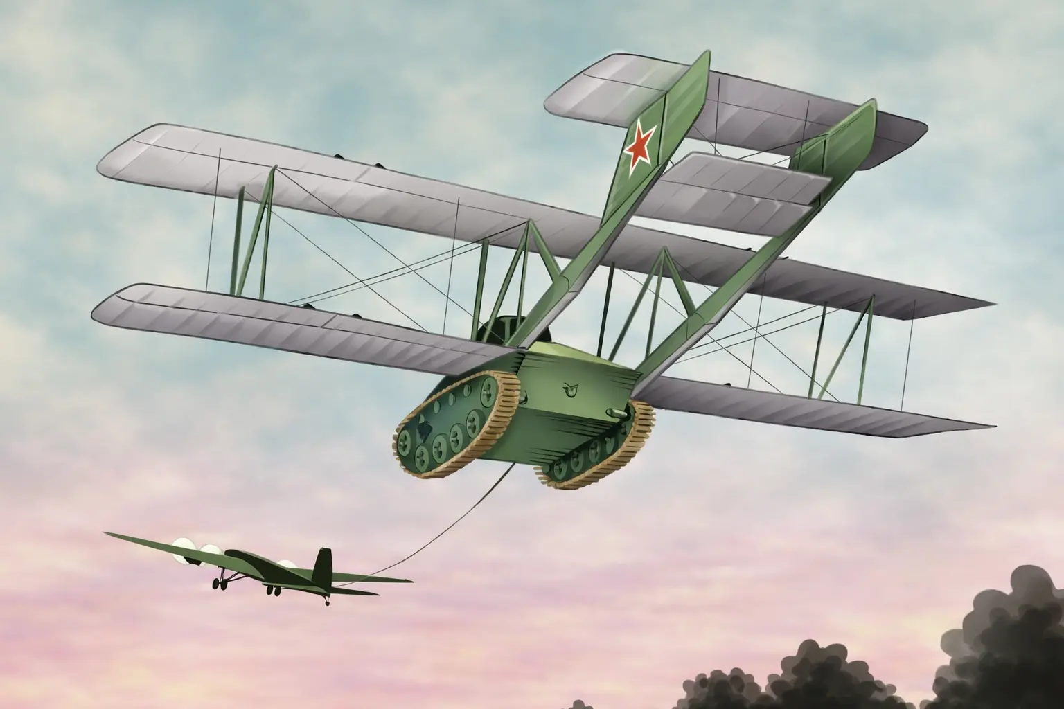 An artistic depiction of the Antonov A-40 tank being pulled by another plane.