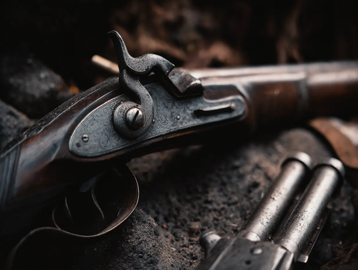 A closeup shot of an old rifle kept on a table.