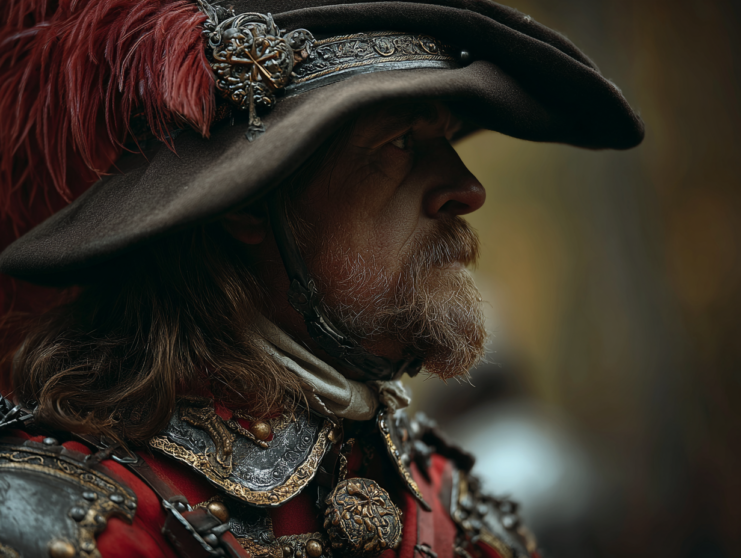 Cinematic closeup shot of a 17th century British soldier in full costume.