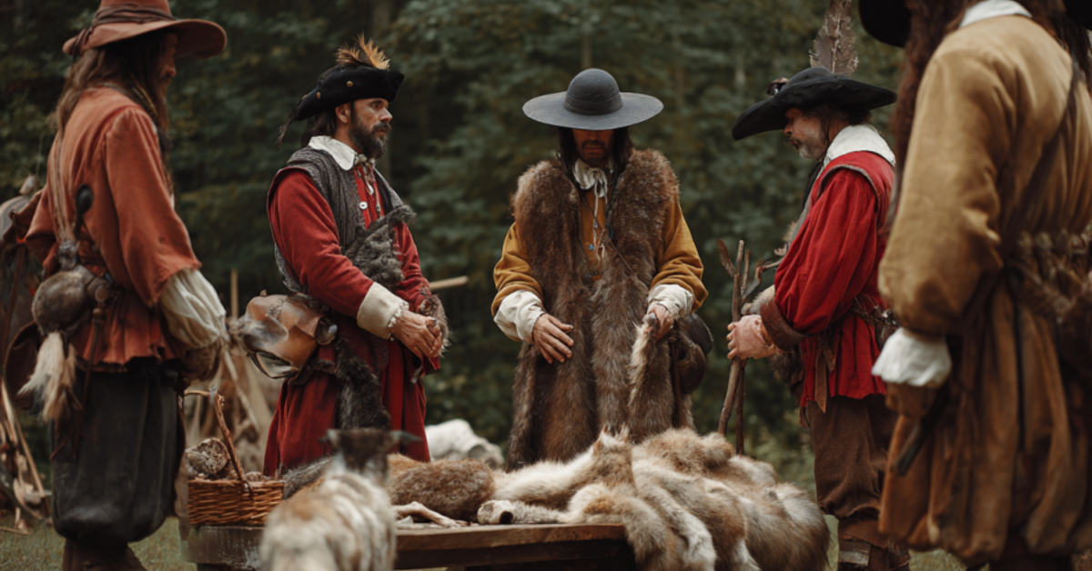 Cinematic shot of 17th century Europeans trading with Native Americans for beaver fur.