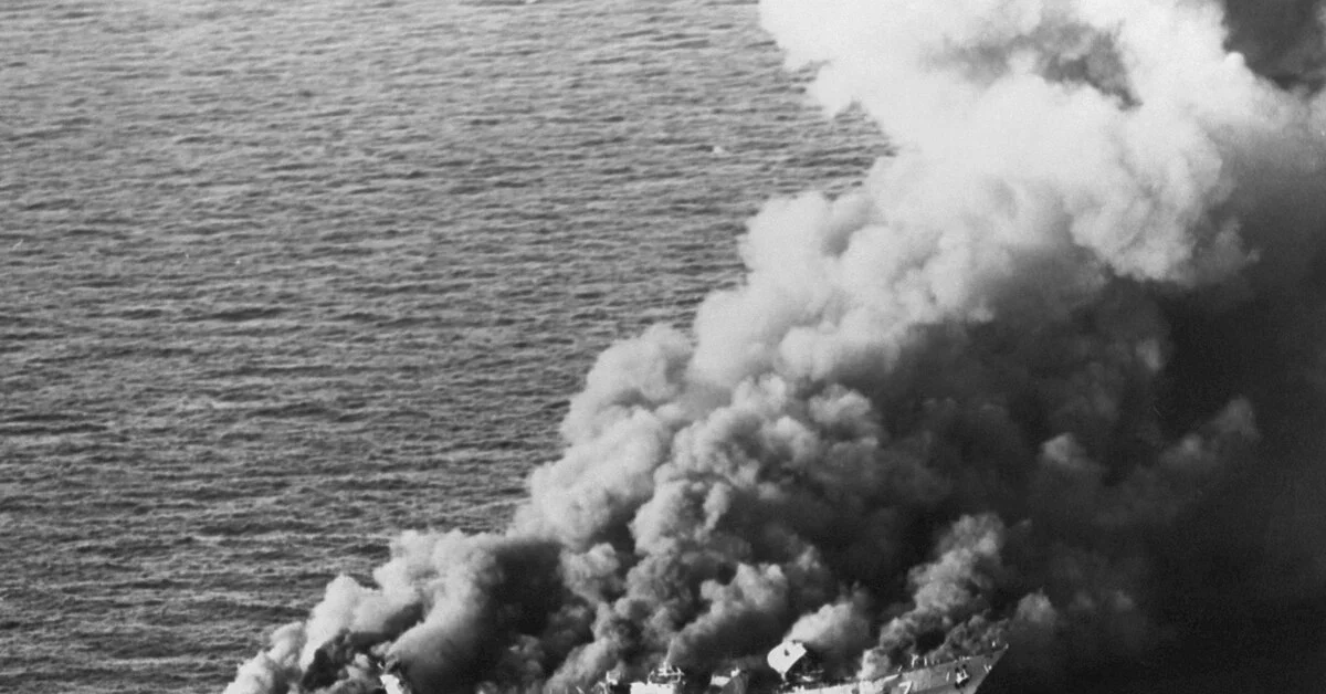 The Iranian frigate IS Sahand (74) burns after being attacked by aircraft of Carrier Air Wing 11 from the nuclear-powered aircraft carrier USS Enterprise (CVN-65), in retaliation for the mining of the guided missile frigate USS Samuel B. Roberts (FFG-58). The ship was hit by three Harpoon missiles plus cluster bombs.