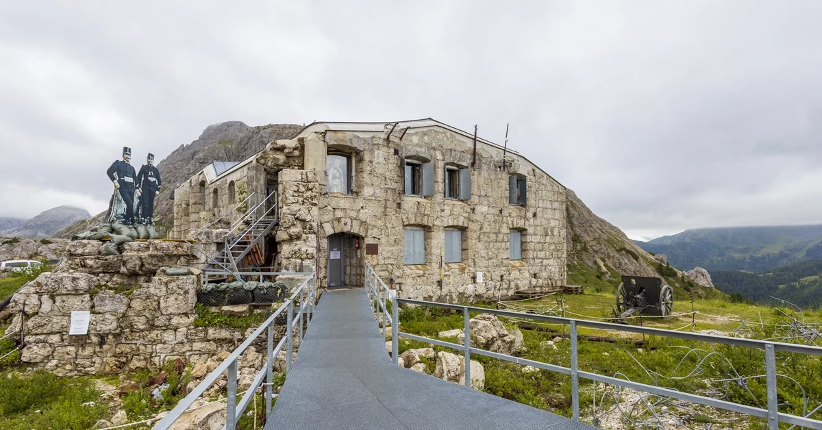 The Tre Sassi Fort on the Valparola pass on August 02, 2023 in Valparola, Italy. 