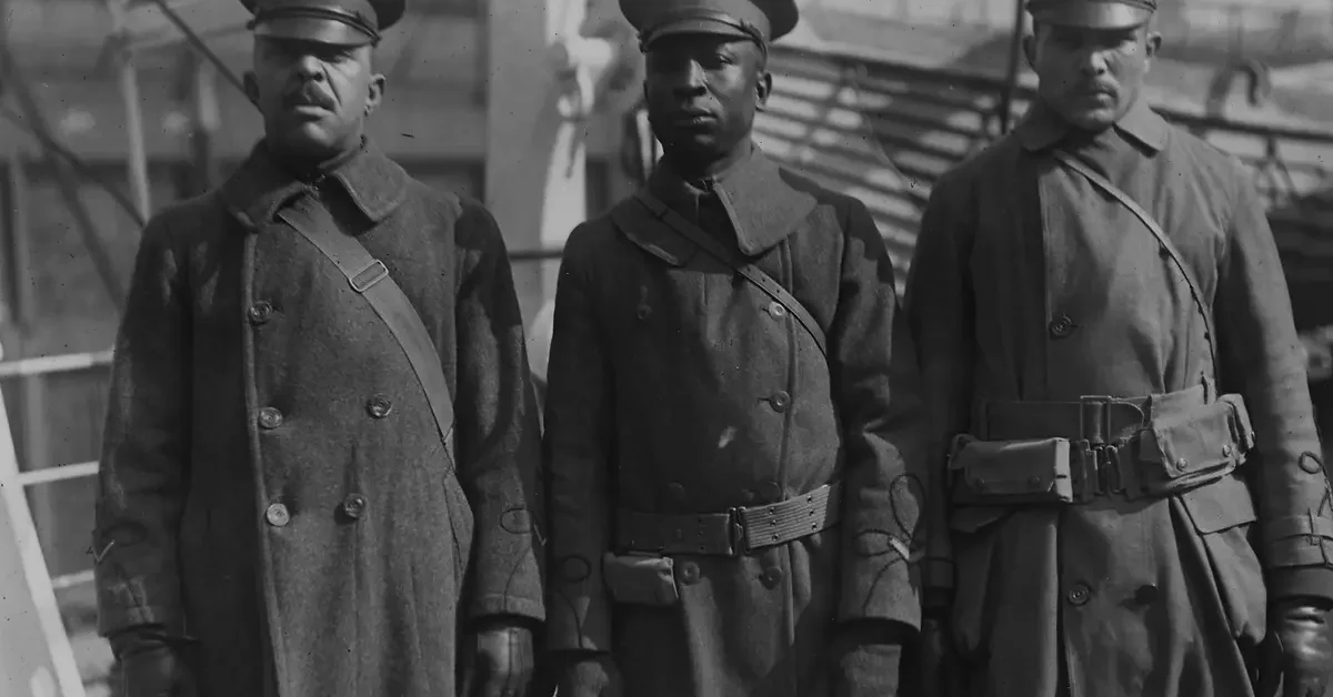Group portrait of three African American soldiers who returned from France on the transport ship Ulna, 1918. Left to right, Lieutenant William Andrews, Commanding Colored Casuals of Chicago, Illinois; Lieutenant HA Rogers from Richmond, Virginia; and Lieutenant JA Rucker of Natchez, New Mexico.