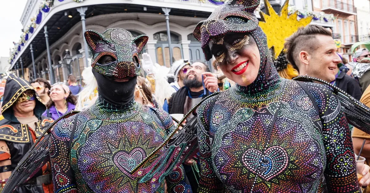 Costumed revelers are seen in the French Quarter on Mardi Gras Day March 04, 2025 in New Orleans