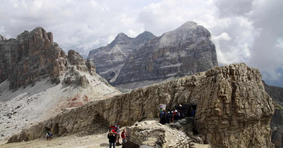 Italy Trentino Alto Adige Lagazoui Tourists are preparing to visit the remains of military shelters and stations on the Lagazuoi 