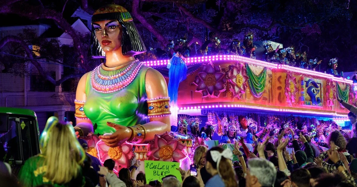 NEW ORLEANS, LOUISIANA - FEBRUARY 06: The Krewe of Cleopatra parade takes place parade during Mardi Gras 2026