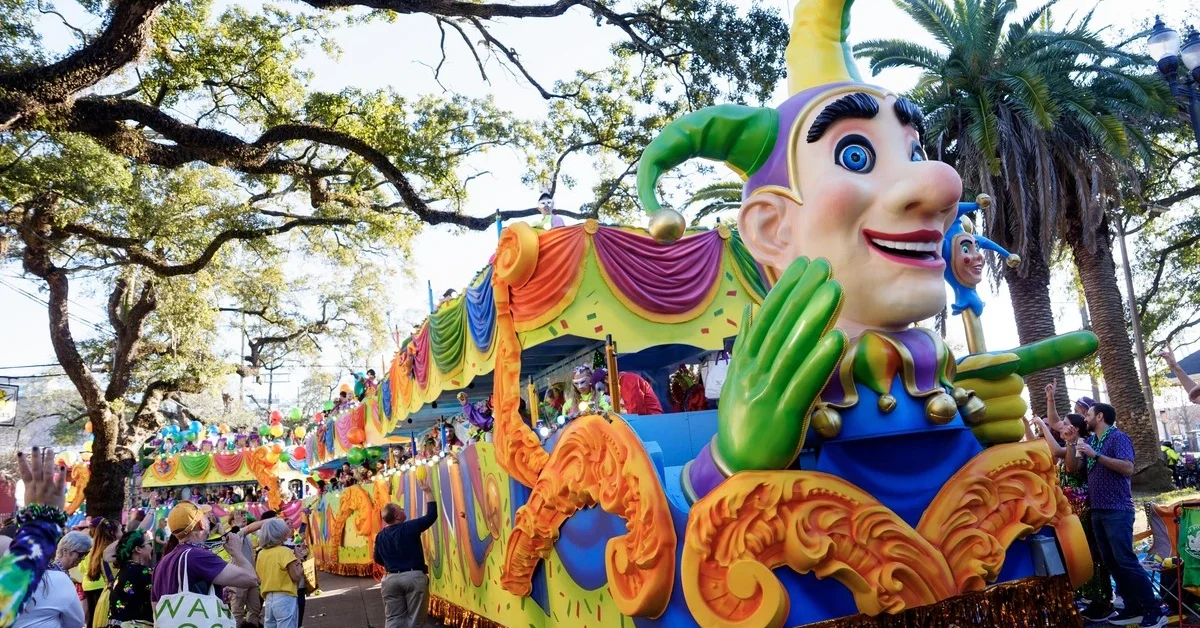 A jester float is seen in the 2026 Krewe of Freret parade during Mardi Gras 2026 on February 07, 2026 in New Orleans