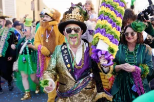 A jester is seen at the Mystic Krewe of Barkus parade during Mardi Gras 2026 in the French Quarter on February 08, 2026 in New Orleans, Louisiana.
