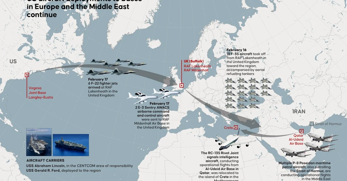 An infographic titled "US aircraft deployments to bases in Europe and the Middle East continue" created in Ankara, Turkiye on February 19, 2026.